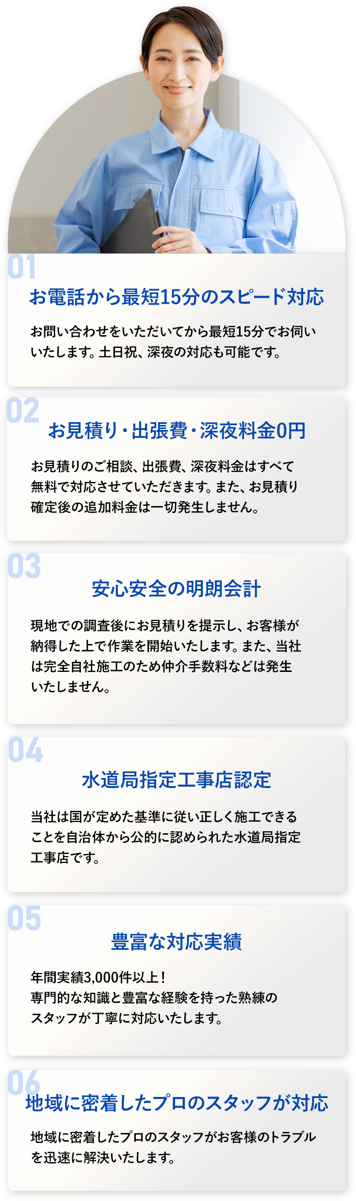 01.最短15分で駆け付け 02.見積りのご相談は無料で対応いたします 03.安心の低価格 04.水道局指定工事店に選ばれています 05.地域に密着したプロの専門スタッフが対応